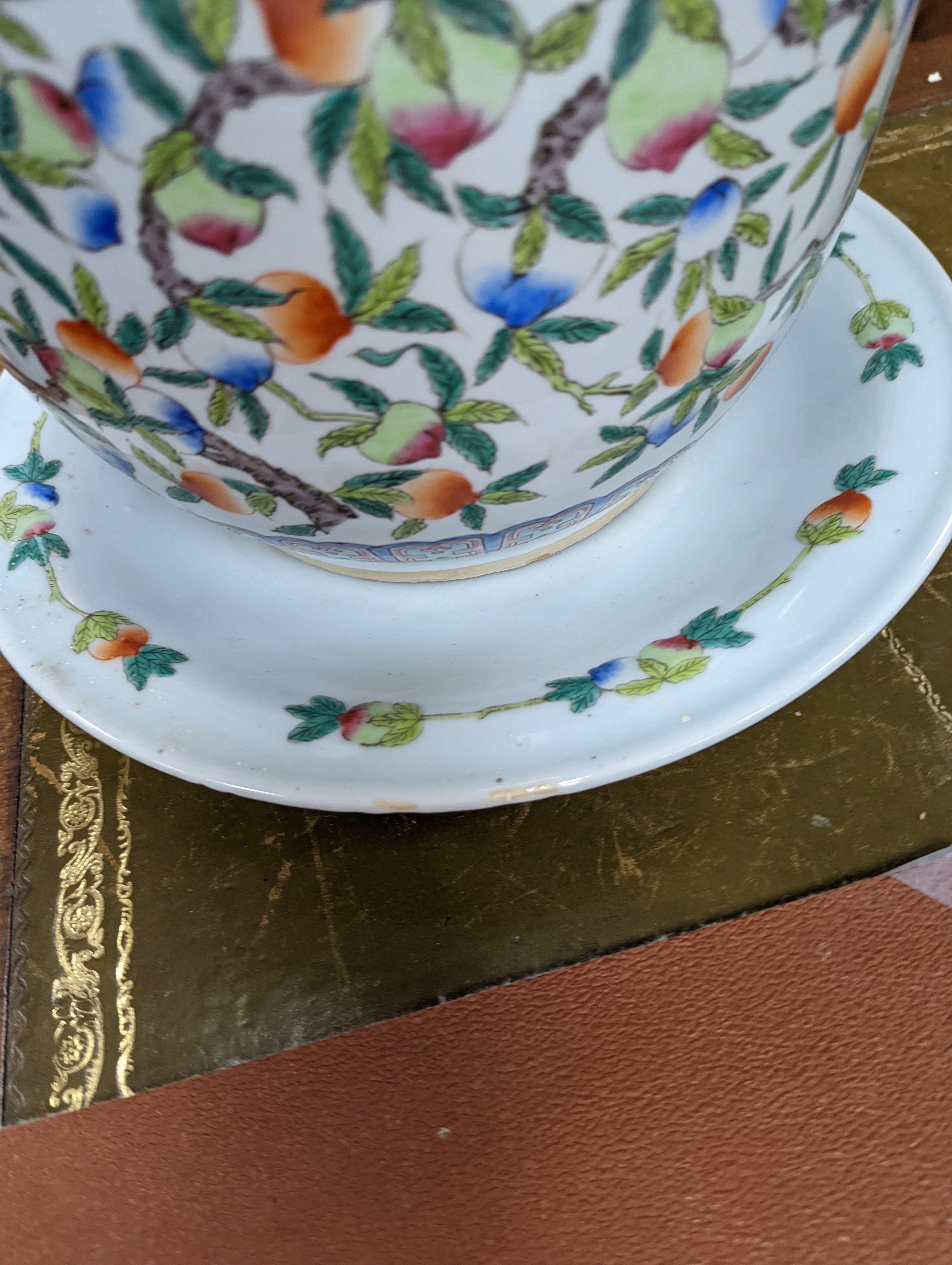 A 20th century Chinese porcelain jardiniere and dish, diameter 36 cms.